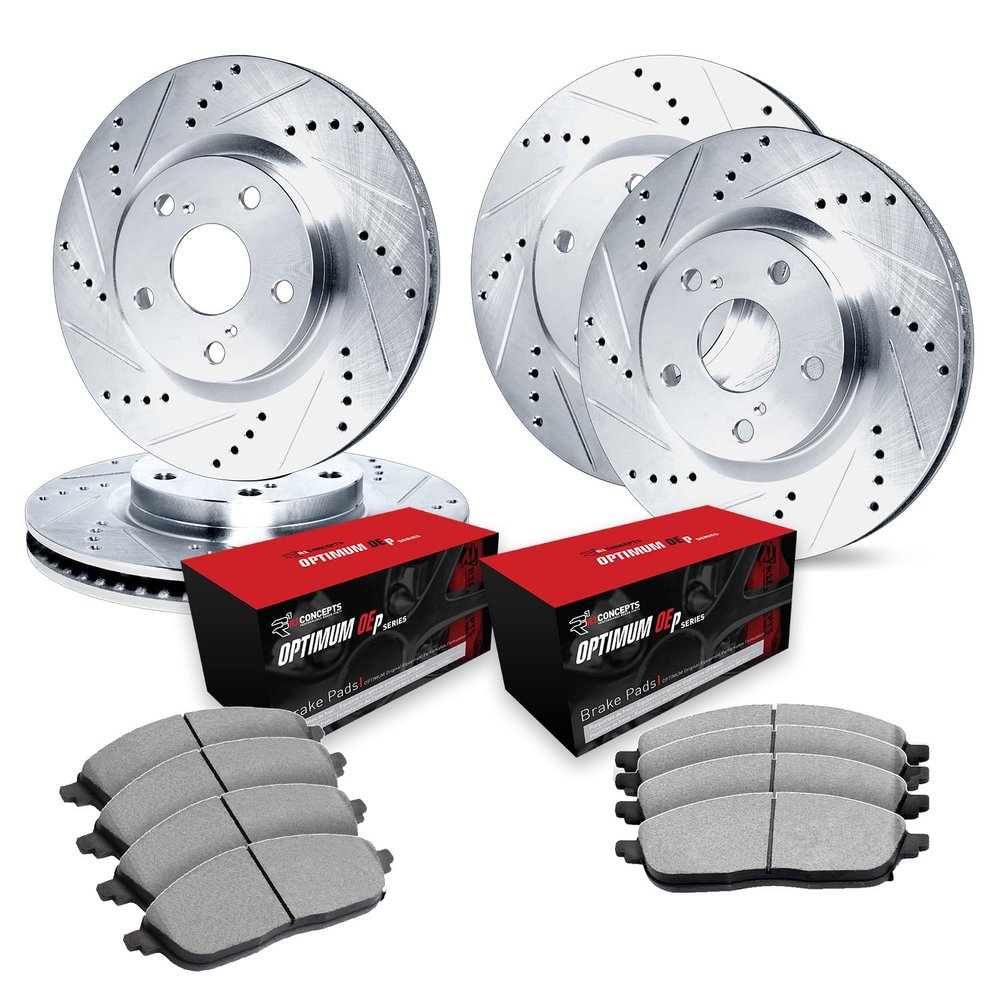 R1 Concepts Front and Rear Brake Kit Fits 2011-2014 Porsche Cayenne| Optimum Oep Brake Pads and Drilled Slotted Brake Rotors| 14.0" Front & 13.0" Rear