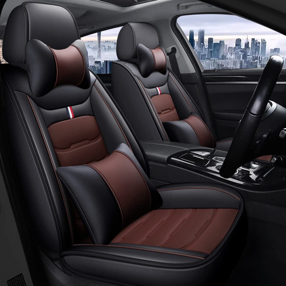 BPOOBP Luxury 5 Seats Car Seat Covers for Infinit#i M(M45/M56/M56X/M37X) Vehicles Front&Rear Seat Protector Waterproof Leather Seat Cushion (Black Coffee with Pillows)
