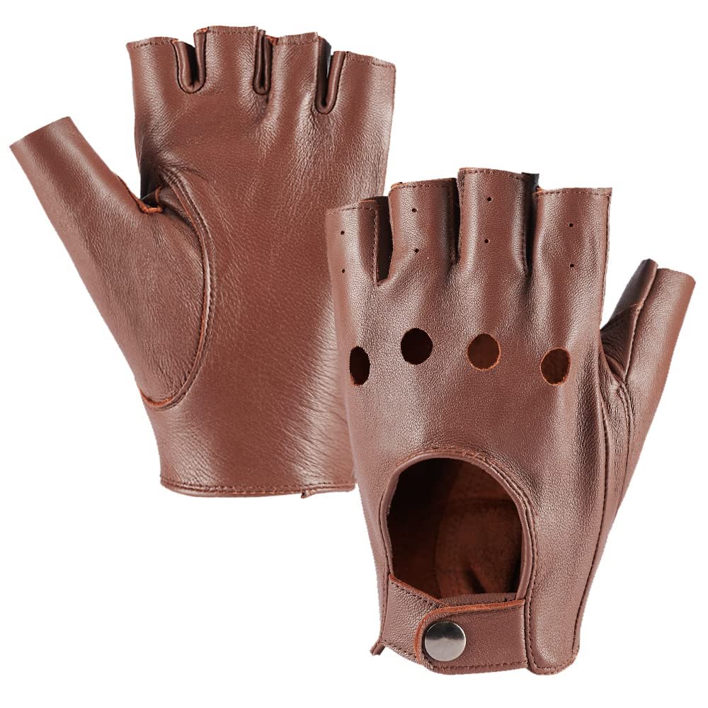 MGGMOKAY Mens Fingerless Leather Driving Gloves Half Finger Motorcycle Sheepskin Unlined Gloves Punk,Saddle,M
