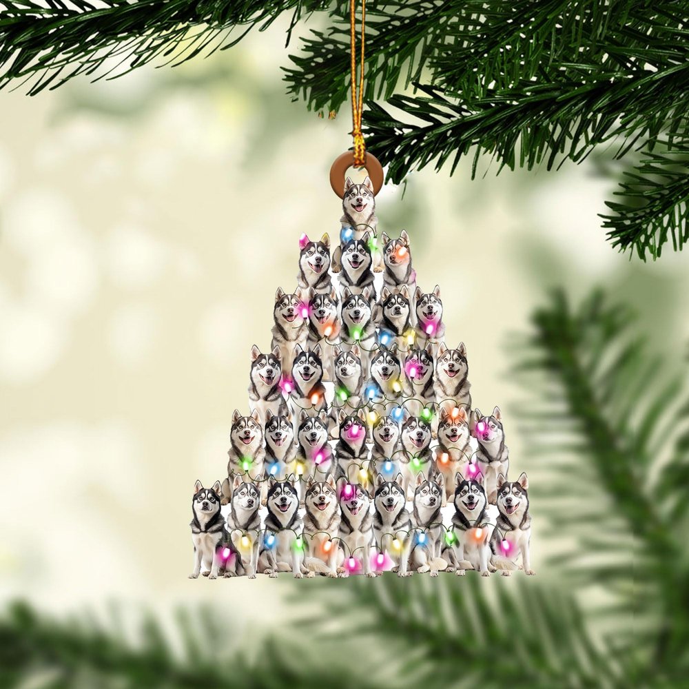 Talataca Lovely Siberian Husky Pine Tree with String Light Husky Sibir 2D Flat Car Rear View Mirror Accessories Christmas Tree Ornament Decoration Hanging Charm Interior Rearview Pendant Decor Gift