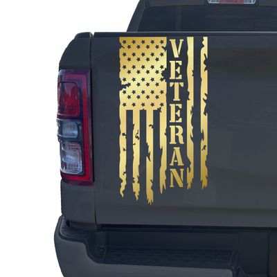 Veteran Distressed American USA US Flag Truck Tailgate Vinyl Decal Sticker Compatible with Most Pickup Trucks - Decal (10" x 18") (Gold Metallic)