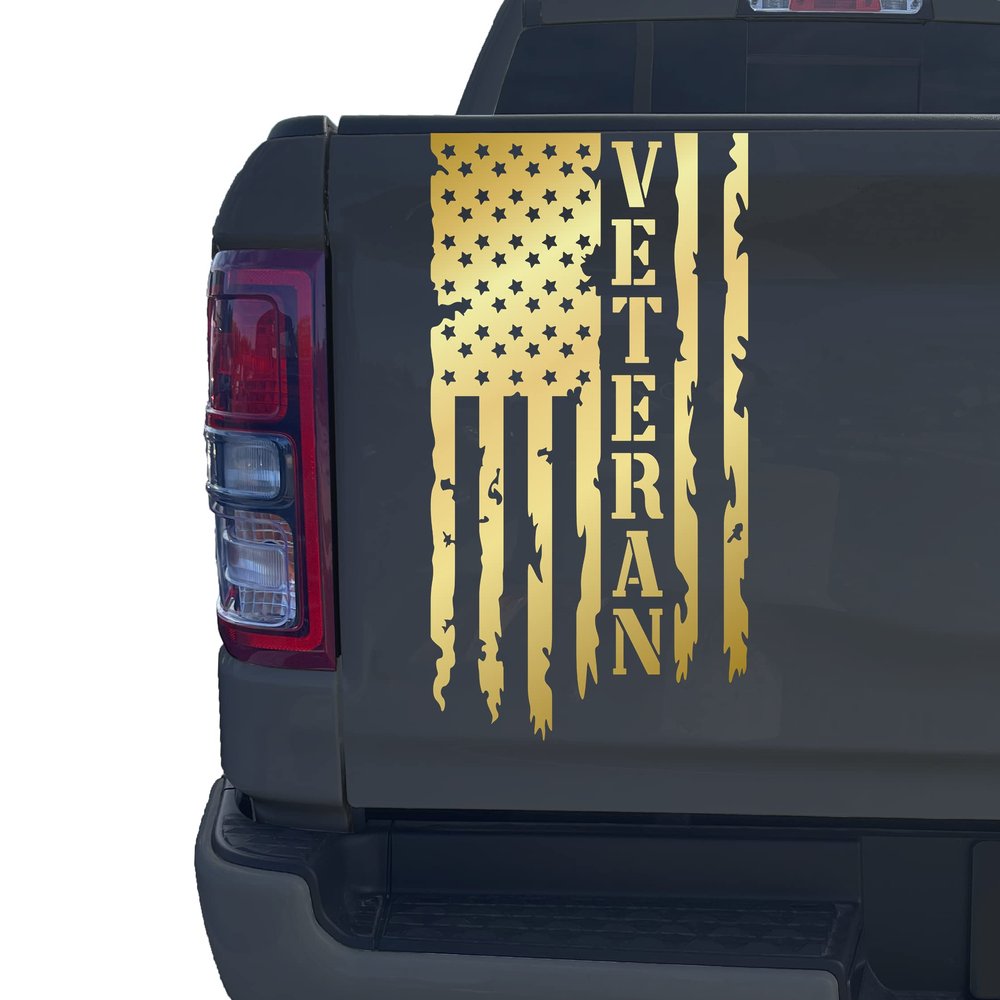 Veteran Distressed American USA US Flag Truck Tailgate Vinyl Decal Sticker Compatible with Most Pickup Trucks - Decal (10" x 18") (Gold Metallic)