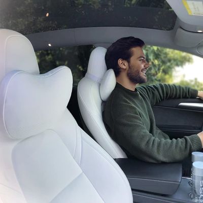 TESBEAUTY Car Headrest Pillow, 2 Packs Genuine Nappa Leather, Car Neck Pillow for Tesla Model Y/Tesla Model 3/X/S, Neck Support Cushion White, Strap Length Adjustable, Pillow Thickness Adjustable