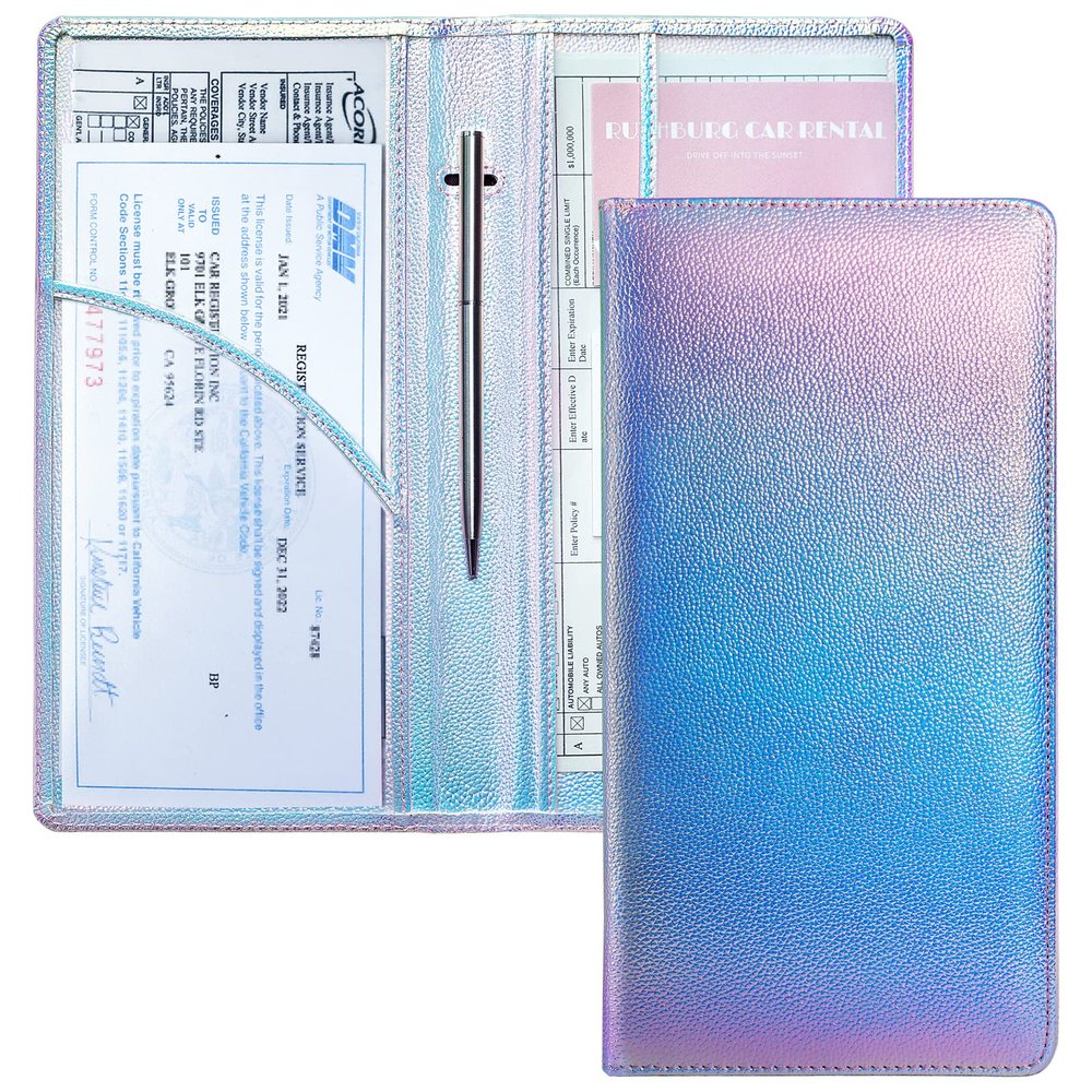 Mymazn Car Registration and Insurance Holder, PU Leather Glove Box Car Organizer with Magnetic Closure, Car Document Holder for Driver's License & Essential Documents (Iridescent blue)