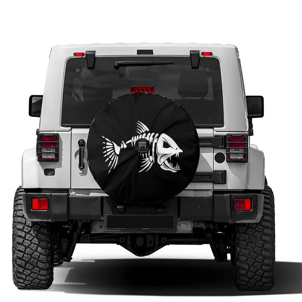 Foruidea Bones Fish Spare Tire Cover with Backup Camera Hole Wheel Tire Cover Fit Trailer, RV, SUV and Many Vehicle 17inch