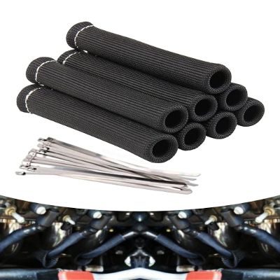 Spark Plug Wire Heat Shield Spark Plug Wire Boots Heat Shield Protector Sleeve 2500 Degree Spark Plug Heat Cover Wrap 6 Inch for SBC BBC 350 454 8PCS with 16pcs Stainless Steel Wire Ties (Black)