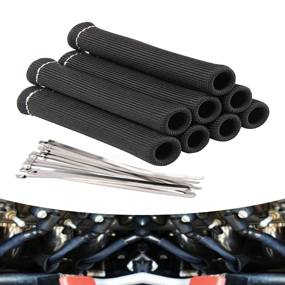 Spark Plug Wire Heat Shield Spark Plug Wire Boots Heat Shield Protector Sleeve 2500 Degree Spark Plug Heat Cover Wrap 6 Inch for SBC BBC 350 454 8PCS with 16pcs Stainless Steel Wire Ties (Black)