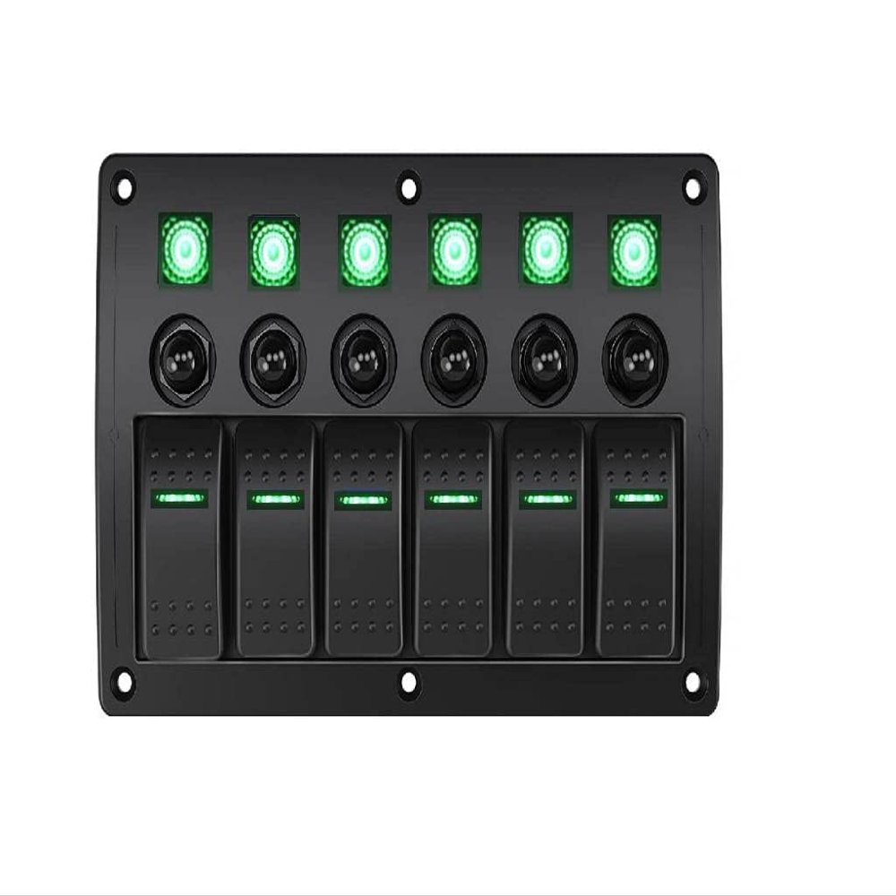 6 Gang Switch Panel Circuit Breaker Overload Protector Toggle Rocker Switch Panel Waterproof 12-24V Rocker Switch LED Camper RV Truck Marine Boat SUV