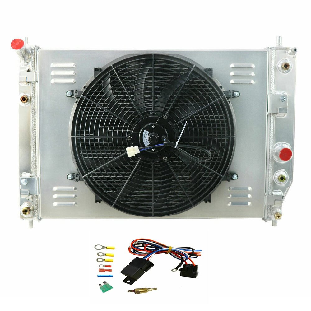 HKAUTOPART Radiator for 2003-2013 Chevy Corvette SSR 6.0L 6.2L 7.0L V8 Gas & 2008 2009 Saab 9-7x 5.3L 6.0L V8, 4 Row Full Aluminium Radiator + 16 Inch Fan + Shroud + Thermostat Relay Kit