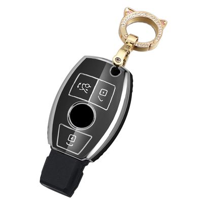 SANRILY Sliver-Edge Smart Key Fob Cover for Mercedes Benz C Class A E S AMG Class CLA CLS GLK Accessories Keyless Key Case with Bling Cat Keychain Black