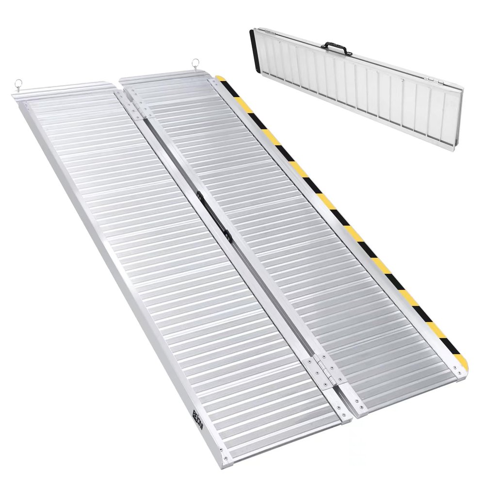 BEJONI 5FT Silvery Folding Portable Wheelchair Ramp, Non-Slip Aluminum Threshold Ramp for Home Steps and Doorways, Handicap Ramp for Home Use, Scooter Ramp for Car, 600 LBS Weight Capacity