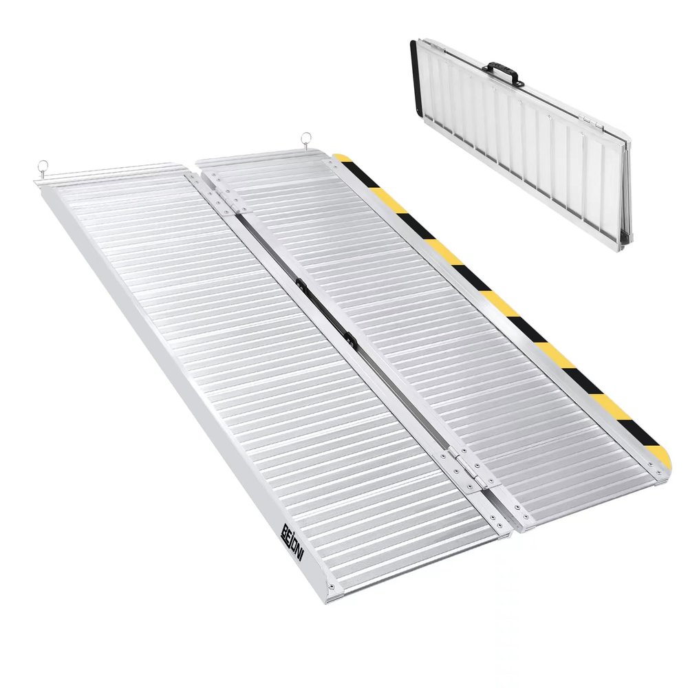 BEJONI 4FT Silvery Wheelchair Ramp, Folding Non-Slip Portable Aluminum Ramp for Home Steps, Thresholds, Doorways, Handicap Access, 600 LBS Capacity