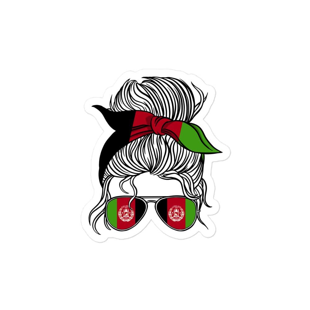 Afghanistan Flag Messy Bun Hair with Sunglasses Bandana Vinyl Sticker Mom Life Country Afghan Woman Mom Girls Decorations - Laptop Decal, Water Bottle Sticker