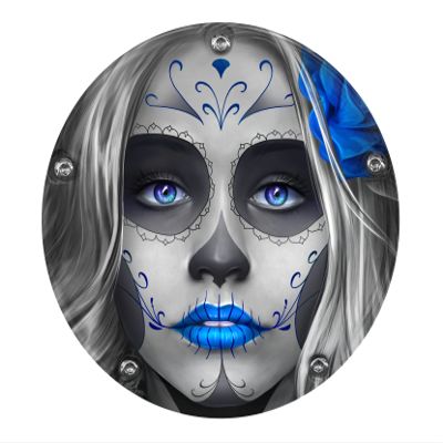 Custom Aluminum 5 Hole Twin Cam Derby Clutch Cover for Harley Davidson - Sugar Skull Blue (Glossy Finish, 1999-2018 Softail Models)