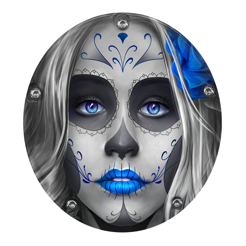 Custom Aluminum 5 Hole Twin Cam Derby Clutch Cover for Harley Davidson - Sugar Skull Blue (Glossy Finish, 1999-2018 Softail Models)