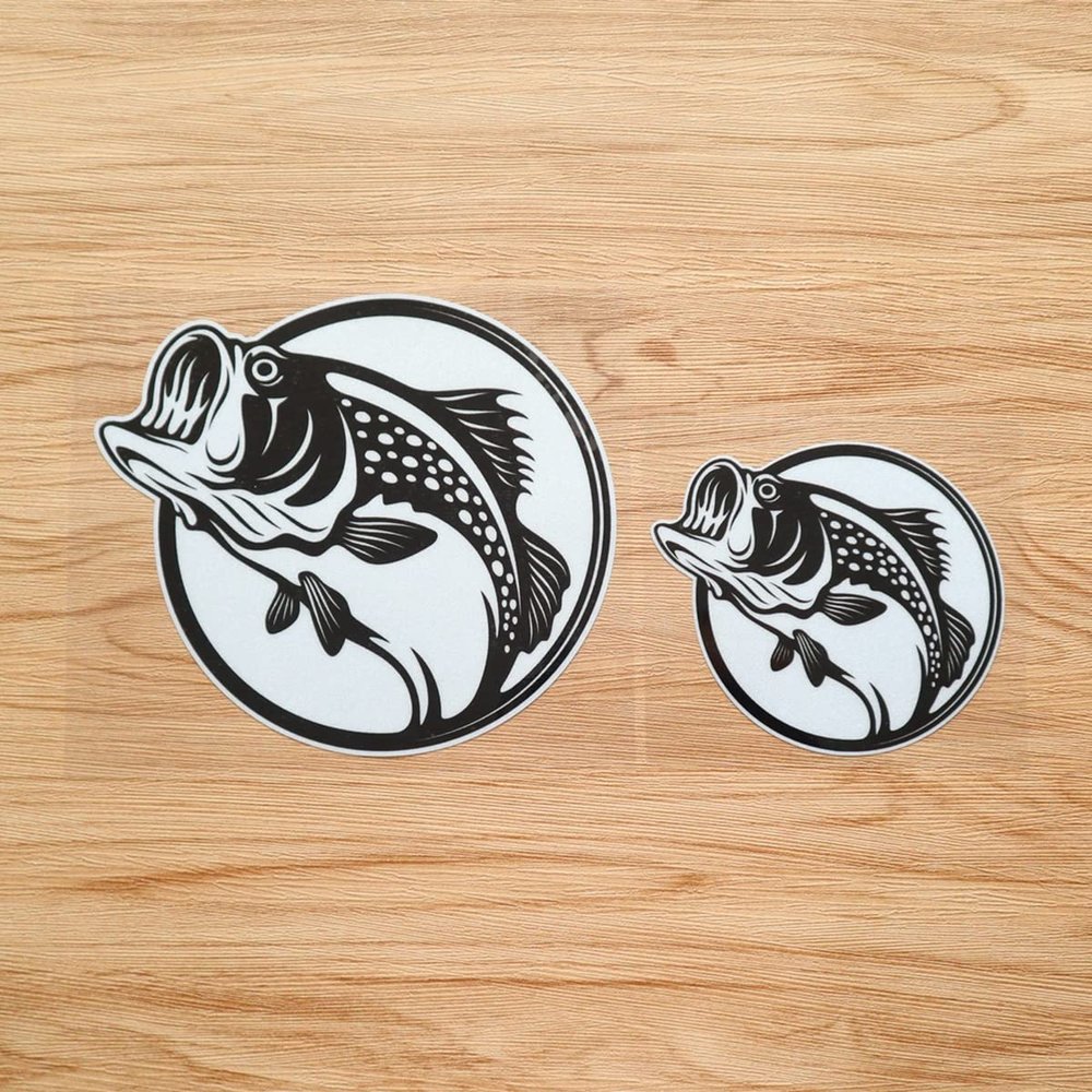 Bass Fish Fishing Circle Black Sticker Decal Vinyl White Background - 2 Pack Reflective, 4 Inches, 6 Inches - for Car Boat Laptop Cup