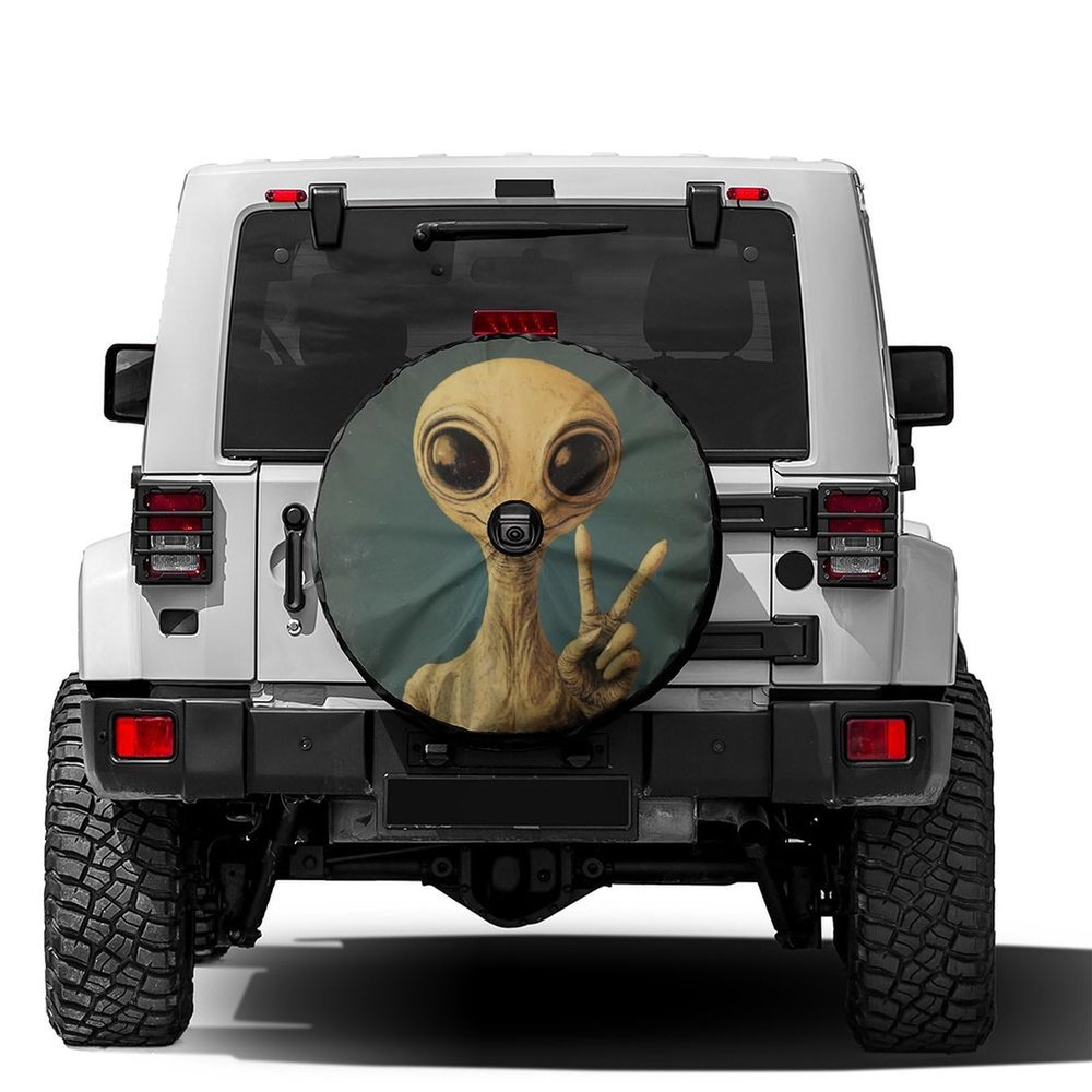 KiuLoam Martian Alien Peace Sign Retro Spare Tire Cover with Backup Camera Hole Universal Sunscreen Waterproof Wheel Covers for Trailer RV SUV Truck and Many Vehicles (14" for Diameter 23"-27")