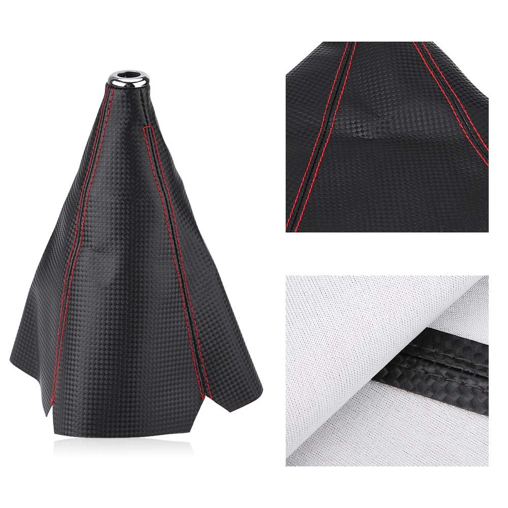 AMONIDA Shifter Boot Universal,Carbon Fiber PU Leather Gear Knob Cover Red Stitch Gear Gaiter Boot Cover Black Bright Red Stitch
