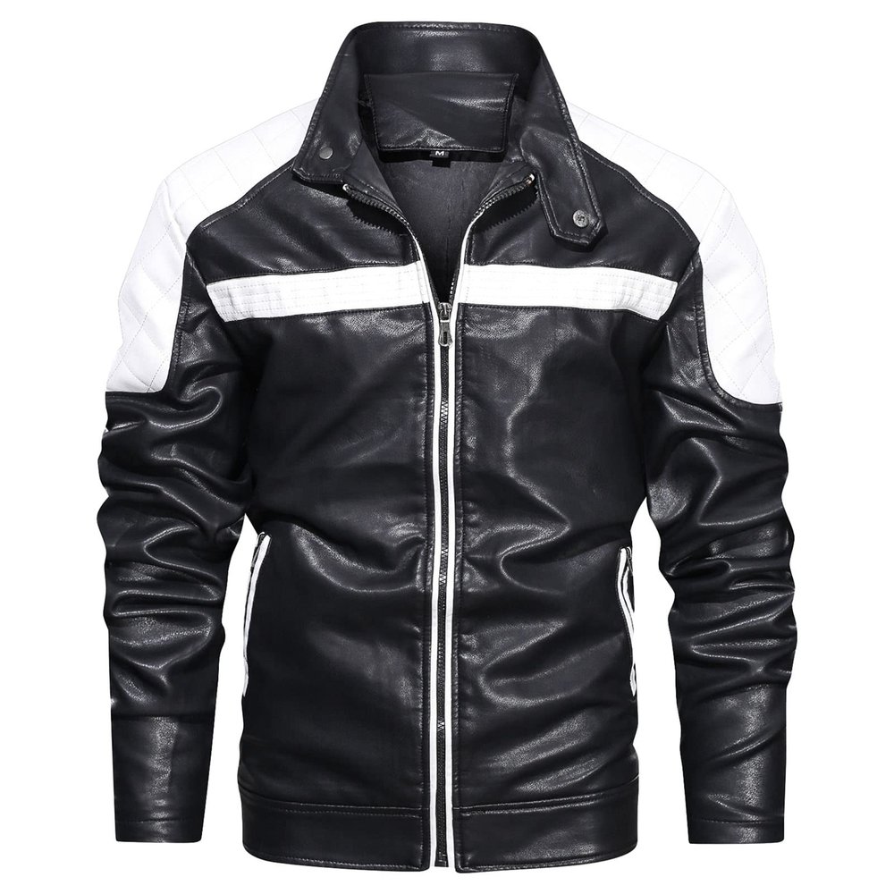 Maiyifu-GJ Motorcycle Jacket for Men Faux Leather Zip Up Windproof Moto Coat Stand Collar Vintage Bomber Windbreaker (White,X-Large)