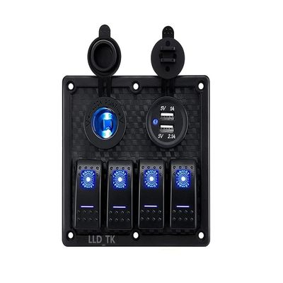 4 Gang Switch Panel Rocker Toggle Switch Panel Waterproof Marine Boat Blue Red Green LED Backlight Dual USB Car SUV Marine RV Truck Camper Boat ATV UTV