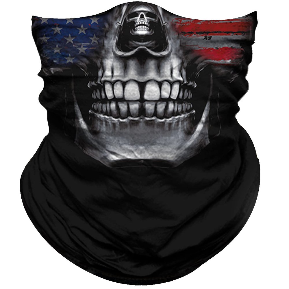 Obacle Skull Face Mask Sun UV Dust Wind Protection Tube Mask Seamless Bandana Skeleton Face Mask for Men Women Bike Riding Motorcycle Cycling Biker Outdoor Festival (Skull Flag Face Blue Red)