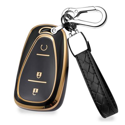 HIBEYO TPU Smart 3 Button Key Fob Case for Chevrolet Equinox Cruze Trax Malibu Verano Traverse 2016-2018 Onix Cruze Sonic Camaro Volt Bolt Accessories with Keychain-Black
