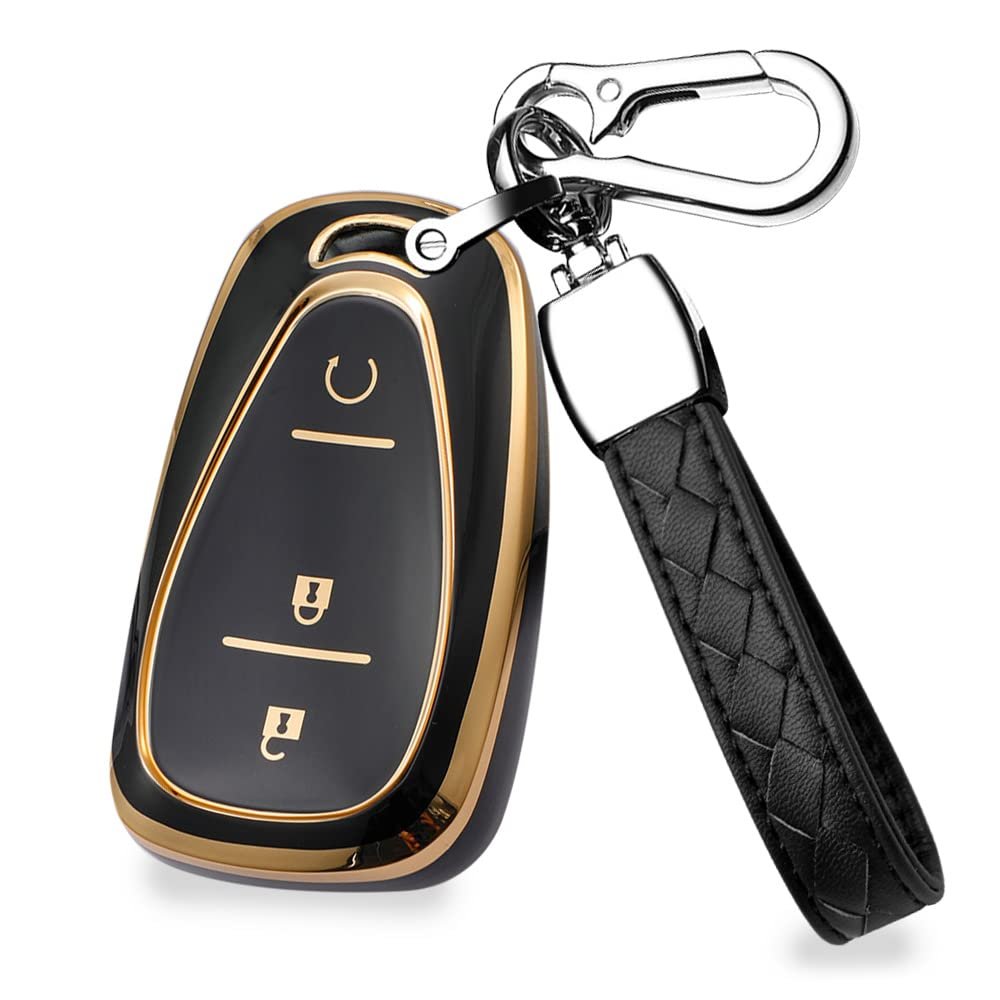 HIBEYO TPU Smart 3 Button Key Fob Case for Chevrolet Equinox Cruze Trax Malibu Verano Traverse 2016-2018 Onix Cruze Sonic Camaro Volt Bolt Accessories with Keychain-Black