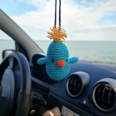 Blue Bird, Crochet Handmade Knitting Rearview Mirror Charm Decor, Car Decor Aesthetic Pendant Car Interior Ornament for Gifts