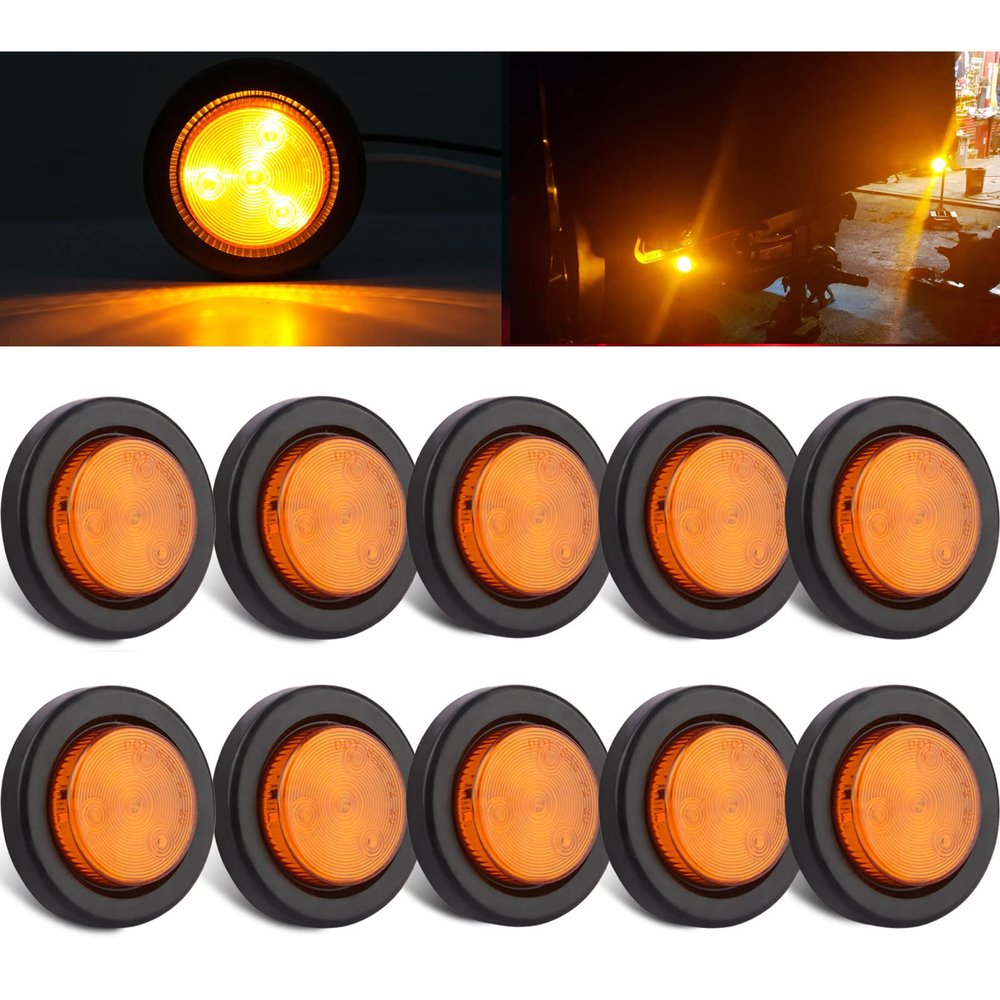 10Pcs 2 Inch Round LED Trailer Side Marker Clearance Lights Amber, Sealed 2" Round LED Trailer Marker Lights 4 LEDs w/Rubber Grommet Flush Mount 2 Prong Wire Pigtails Truck RV Markers Waterproof