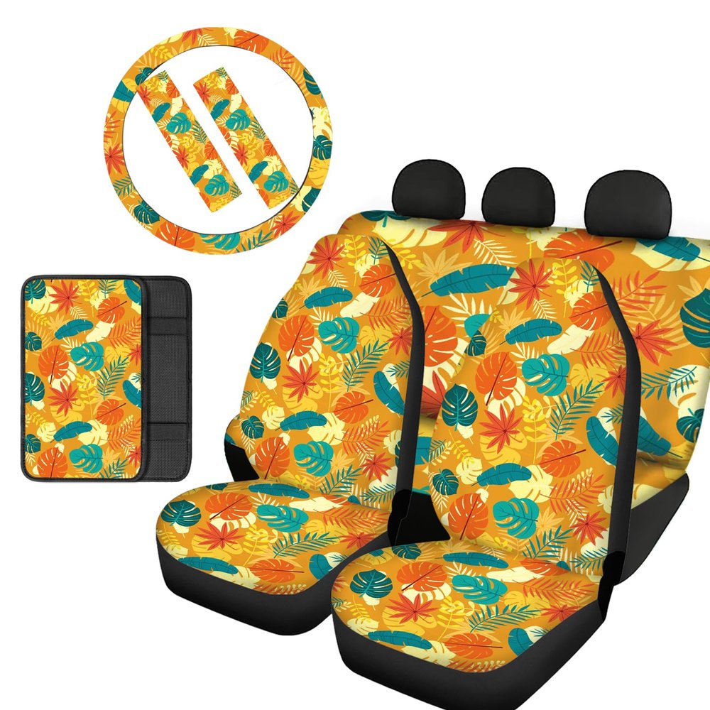 Horeset Yellow Palm Leaf Print 8 Pack Car Seat Covers Set with Car Steering Wheel Cover,Comfort Armrest Pad,Belt Shoulder Pads Automotive Accessory Decor