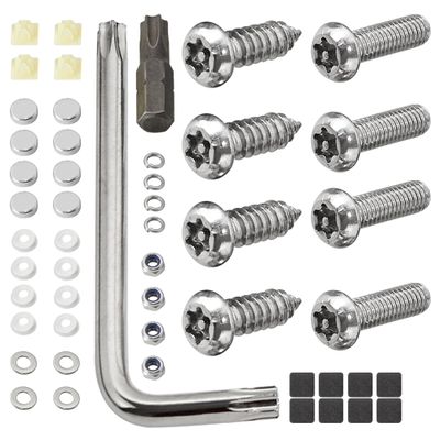 RED WOLF Anti-Theft License Plate Frame Bolt Fasteners - Security Self-Tapping Stainless Steel Screws, Car Tag Mounting Hardware Kit With Chrome Caps, Nuts, Foam Pad, Anti-Rattle