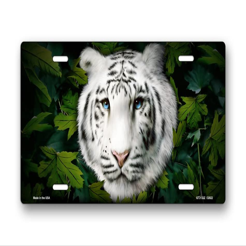 White Tiger on Leaves License Plate