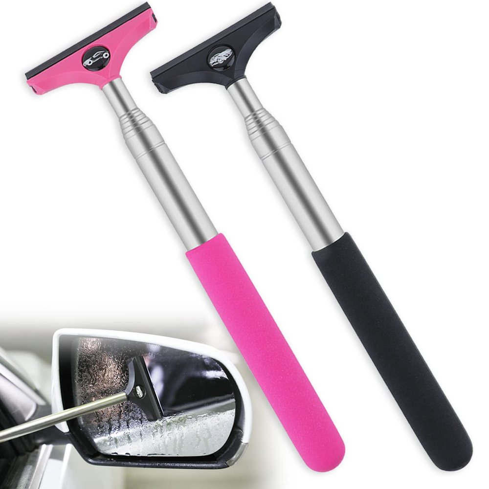 Side Mirror Squeegee, 2 PCS Car Mirror Squeegee, Retractable Car Rearview Mirror Wiper for All Vehicles, Universal Automotive Accessories(Black/Pink)