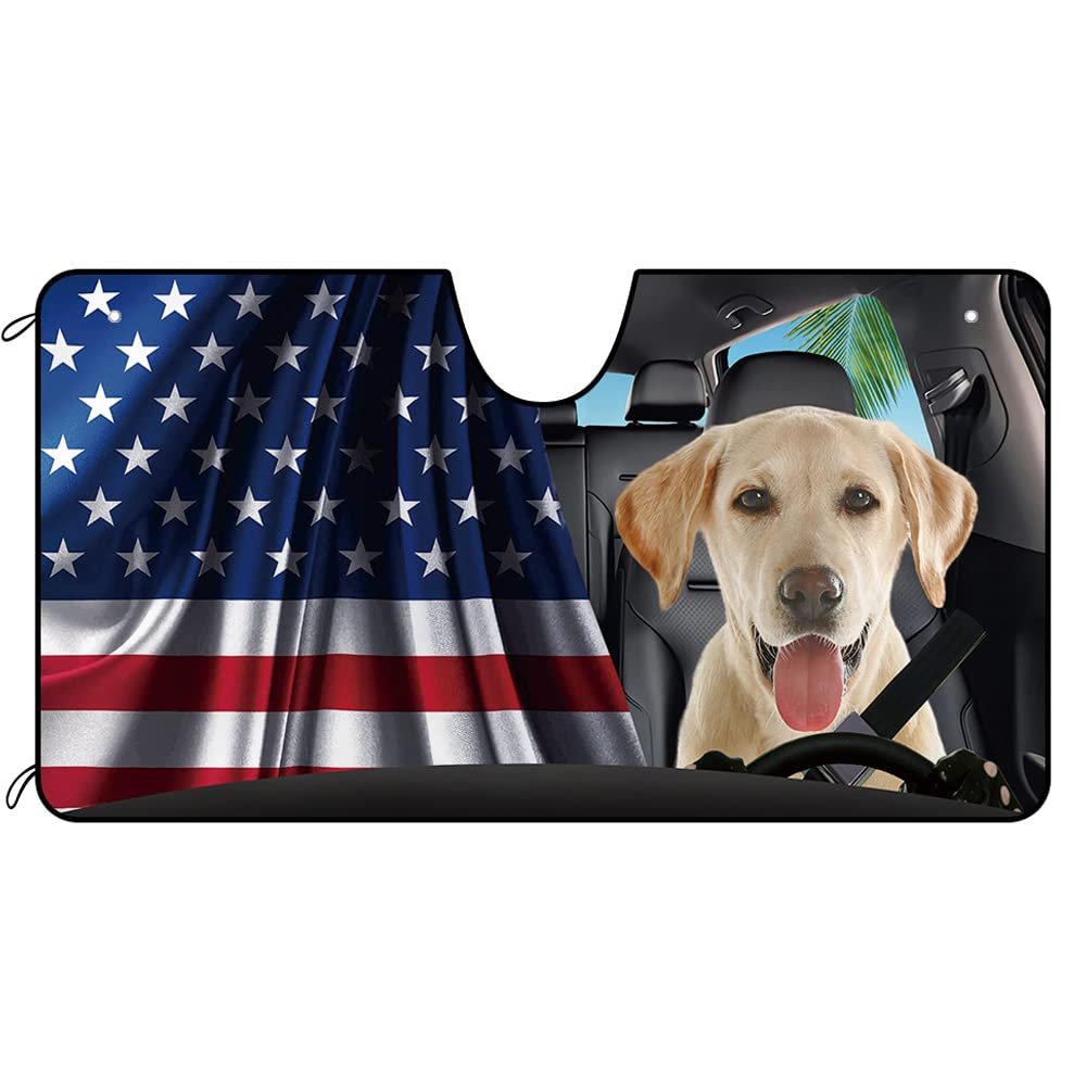 CafeTime Dog Car Windshield Sunshade Cute Labrador Dog with American US Flag Patriotic Vehicle Front Windshield Sun Shade Visor UV Ray Reflector Sun Protector, Keep Vehicle Cool, 51" x 26.8"