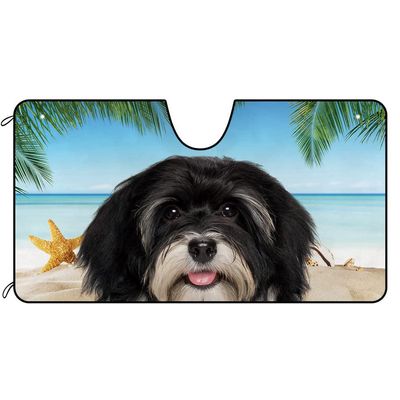 CafeTime Dog Car Front Windshield Sunshade Smiling Happy Havanese Puppy Dog in The Beach Summer Decor Vehicle Sun Shade Visor UV Ray Reflector Sun Protector, Keep Vehicle Cool, 51" x 26.8"