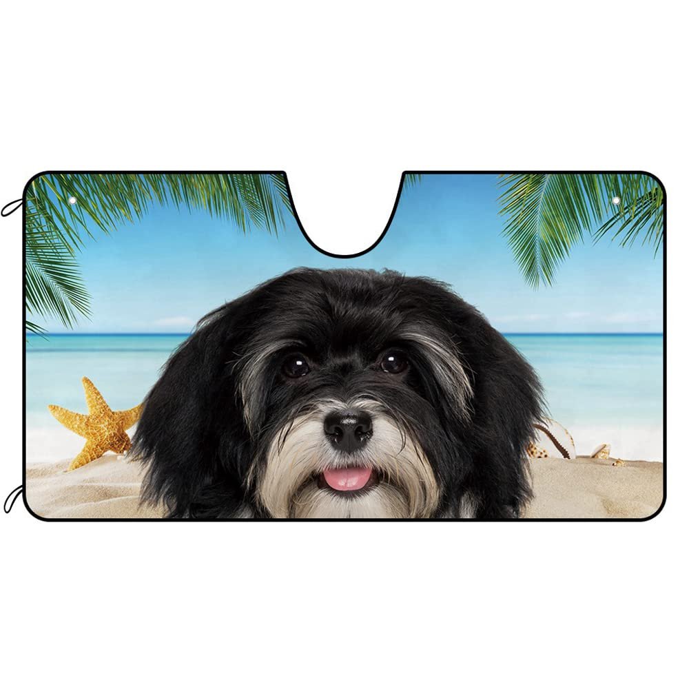 CafeTime Dog Car Front Windshield Sunshade Smiling Happy Havanese Puppy Dog in The Beach Summer Decor Vehicle Sun Shade Visor UV Ray Reflector Sun Protector, Keep Vehicle Cool, 51" x 26.8"