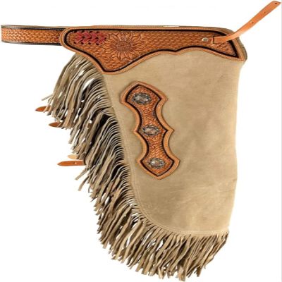 Daarkgreen Leather Suede Horse Riding Chaps Sand Color Sunflower Carving and Toolig Sizes: XS-XXL (Small)