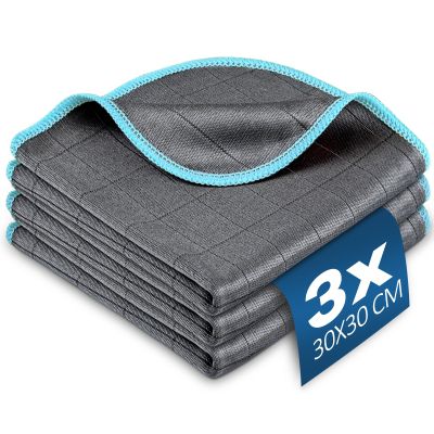Airlab Carbon Microfiber Towels for Car Glass Window Polishing Cleaning Cloth Auto Detailing Lint Free Streak Free Drying Car Wash Large Towel, Pack of 3, 12" x 12", Grey-Blue