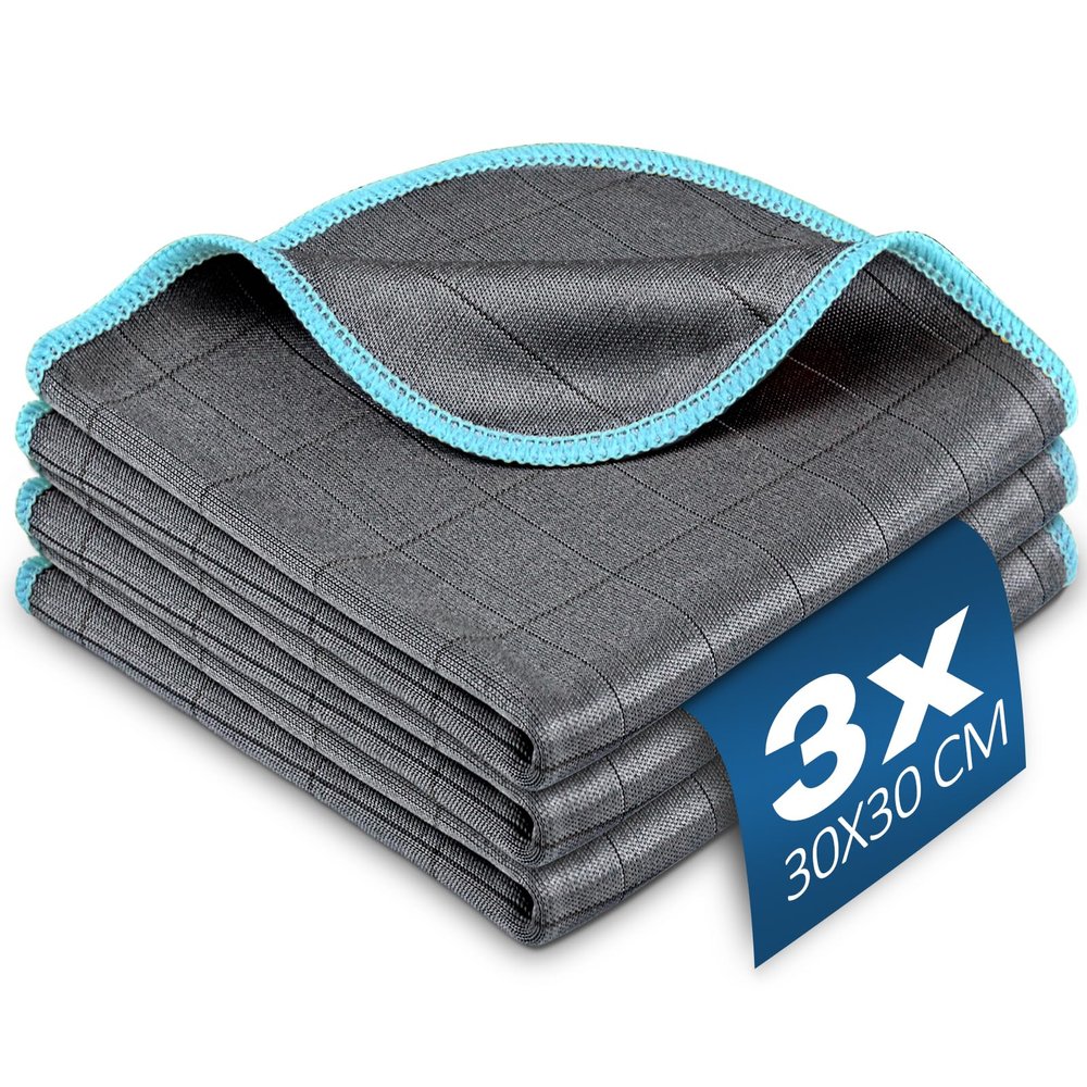 Airlab Carbon Microfiber Towels for Car Glass Window Polishing Cleaning Cloth Auto Detailing Lint Free Streak Free Drying Car Wash Large Towel, Pack of 3, 12" x 12", Grey-Blue