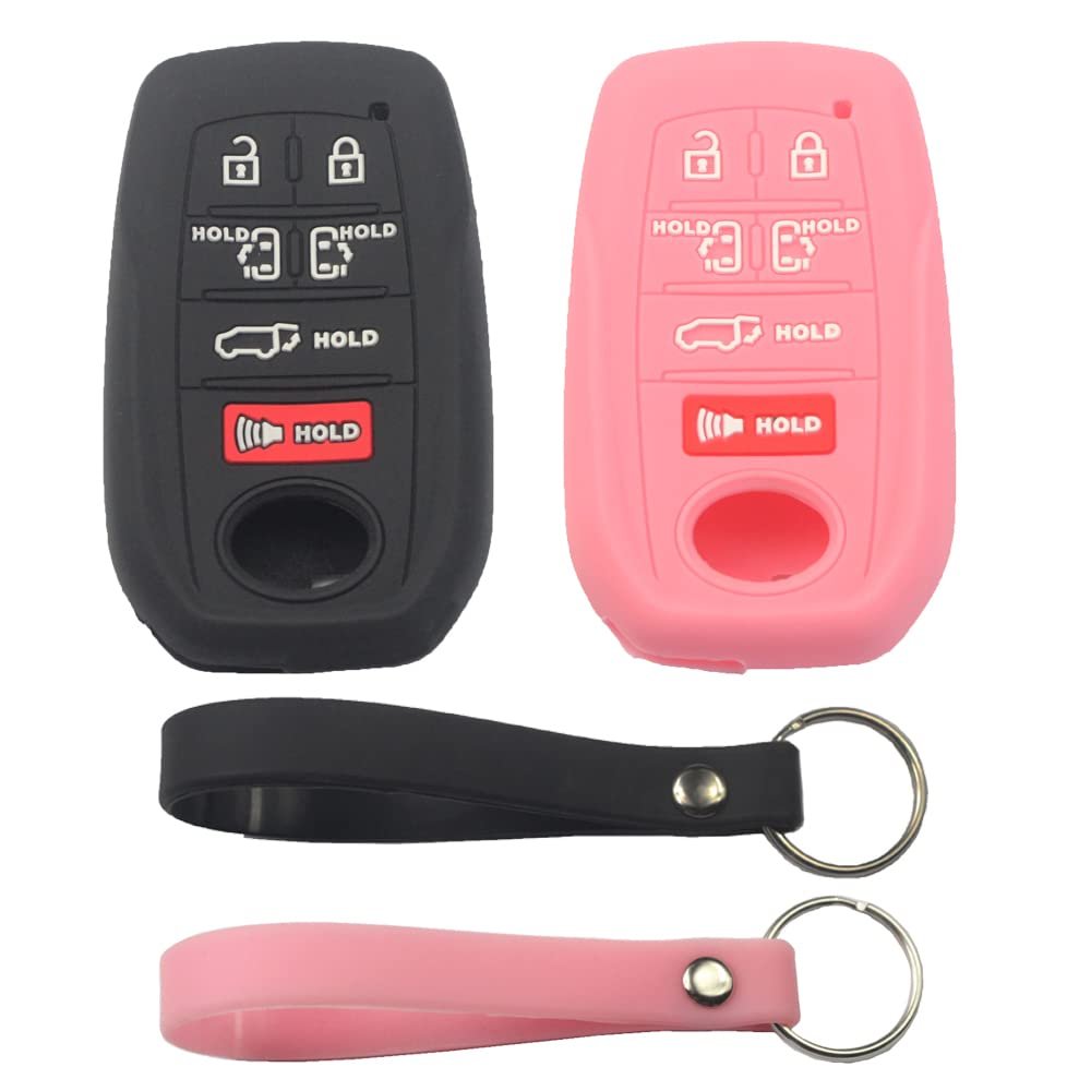 kcpros 2Pcs Rubber Silicone 6 Buttons Smart Key Fob Cover Case Protector Keyless with Keychain Compatible with Toyota Sienna 2021 2022 2023 Black Pink