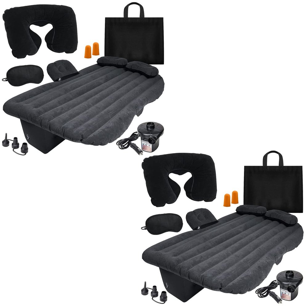 VaygWay Inflatable Car Air Mattress Air Bed w/Pump Kit Back Seat Camping Vacation Blow up Bed Cushion - Sleeping Pad w/ 2 Pillows- 2 Pk Inflatable Car Mattress with Neck Pillow and Ear Plugs