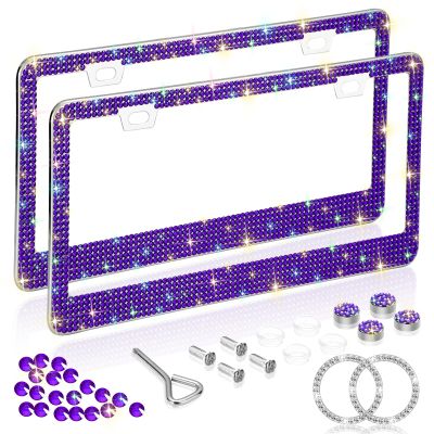 Car Bling License Plate Frame 2 Pack, Sparkly 2 Holes Acrylic Crystal Stainless Steel Universal License Plate Frame with Screw Caps Covers for US Auto Vehicles (Purple)