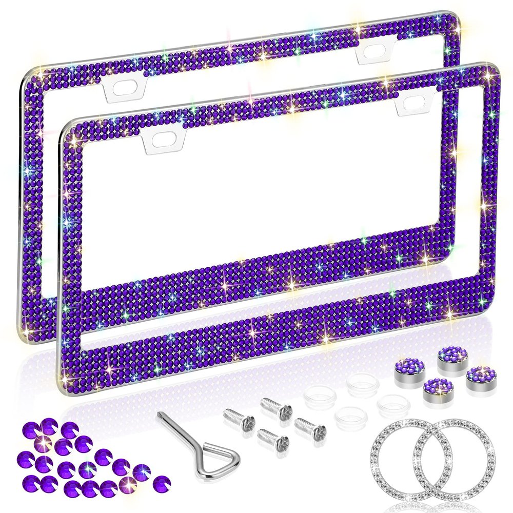 Car Bling License Plate Frame 2 Pack, Sparkly 2 Holes Acrylic Crystal Stainless Steel Universal License Plate Frame with Screw Caps Covers for US Auto Vehicles (Purple)