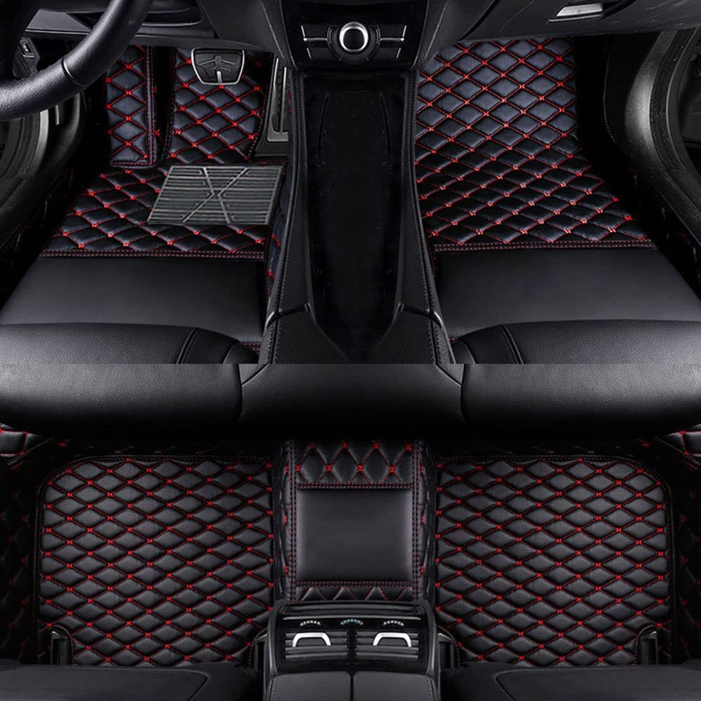 LonYogan Diamond Floor Mats Compatible with Ford Kuga 2013-2018 (Split Rear Seats), Leather Front & Rear Car Mats Carpet Heavy Duty Automotive Floor Mats All Weather Non-Slip Mats Black- Red