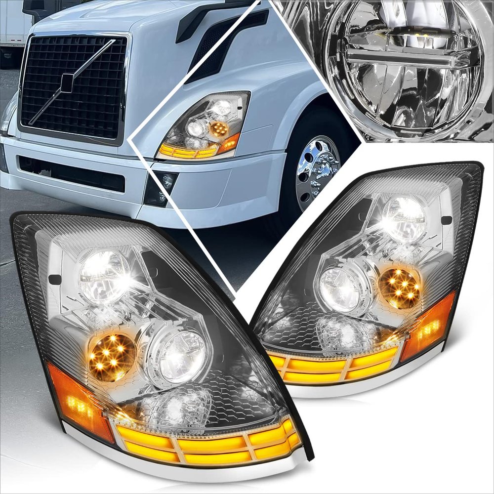 PM PERFORMOTOR Full LED DRL Headlights Assembly w/Switchback Signal Lights Compatible with Volvo VN VNL VNM VNX 03-17,Chrome Housing