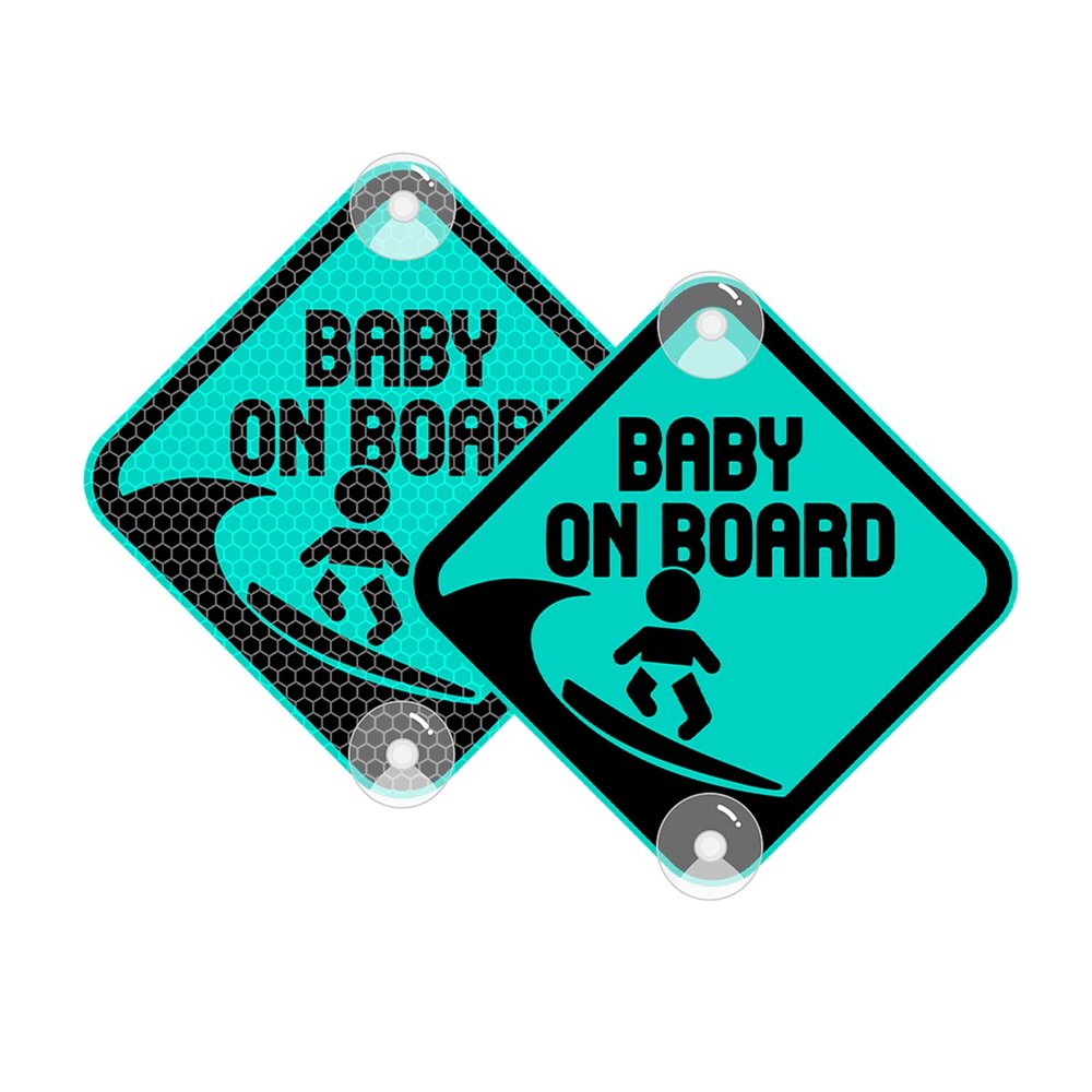 Vesvory Baby on Board Surf Sticker for Cars, Reflective PVC Car Decals with Suction Cups Double-Side Baby on Board Sign Reflective Baby Safety Warning Car Decal,4.72x4.72 in(Reflective Mint Green)