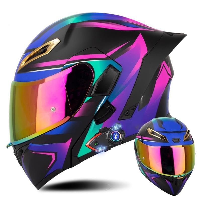 Bluetooth Modular Motorcycle Helmet, Bluetooth Support 2 People intercom, Full Face Integrated Helmet Flip Up Helmet with Inner Sun Visor Double Lens DOT Approved, Men Women S~XL
