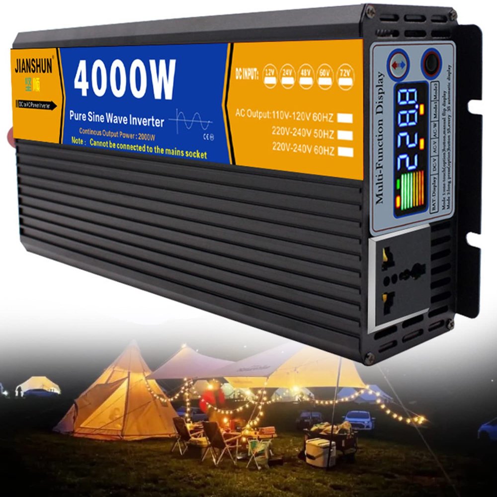 Intelligent Pure Sine Wave Power Inverter 3000W 4000W 5000W 6000W 8000W 12V/24V/48V/60V DC to 110V/220V AC Converter with LCD Display, AC Outlets , for Home RV Solar System Car,4000W-60Vto220V