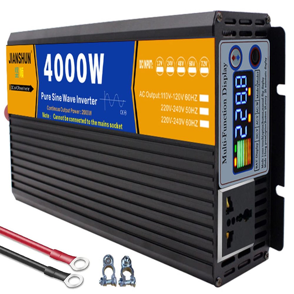 Pure Sine Wave Power Inverter 12V/24V DC to 110V/220V AC Converter 3000W 4000W 5000W 6000W 8000W Intelligent Safe Protections with LCD Display, AC Outlets , for Home RV Solar System ,4000W-12Vto110V