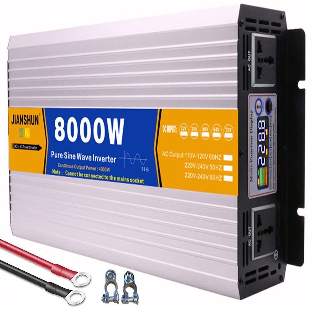 Pure Sine Wave Power Inverter 12V/24V DC to 110V/220V AC Converter 3000W 4000W 5000W 6000W 8000W Intelligent Safe Protections with LCD Display, AC Outlets , for Home RV Solar System ,8000W-24vto110V